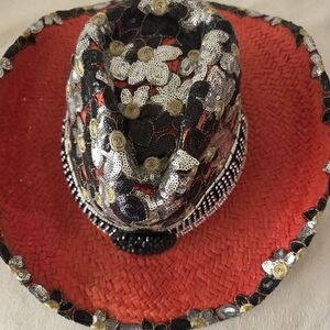 Elegant Floral Sequin Hat in Red and Black